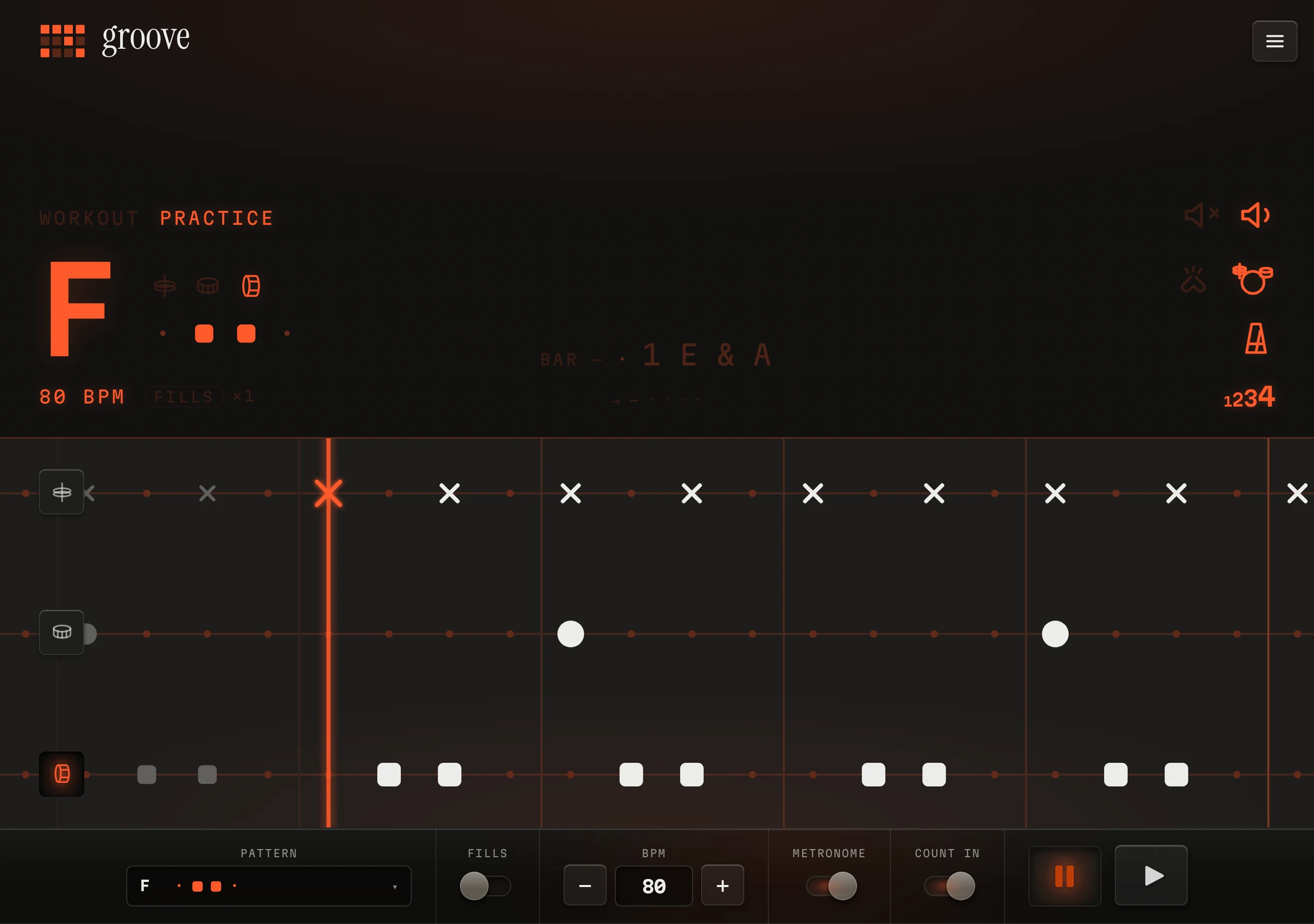 groove with rhythmic-alphabet pattern F loaded — kick, snare, and hat rows on the sequencer grid