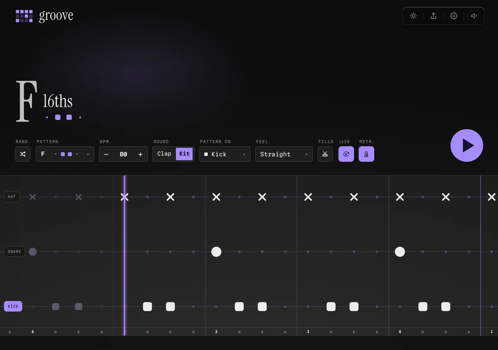 groove with rhythmic-alphabet pattern F loaded — kick, snare, and hat rows on the sequencer grid