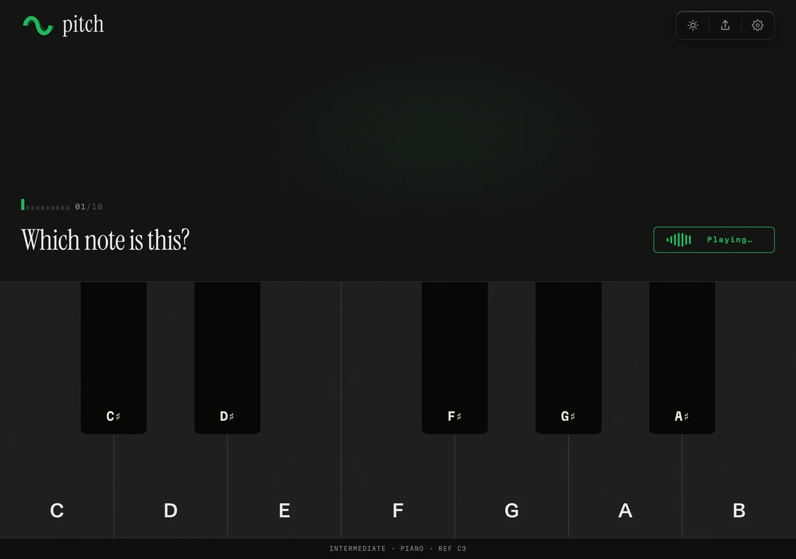 pitch mid-game — round 1 of 10, "Which note is this?" above the answer piano keyboard