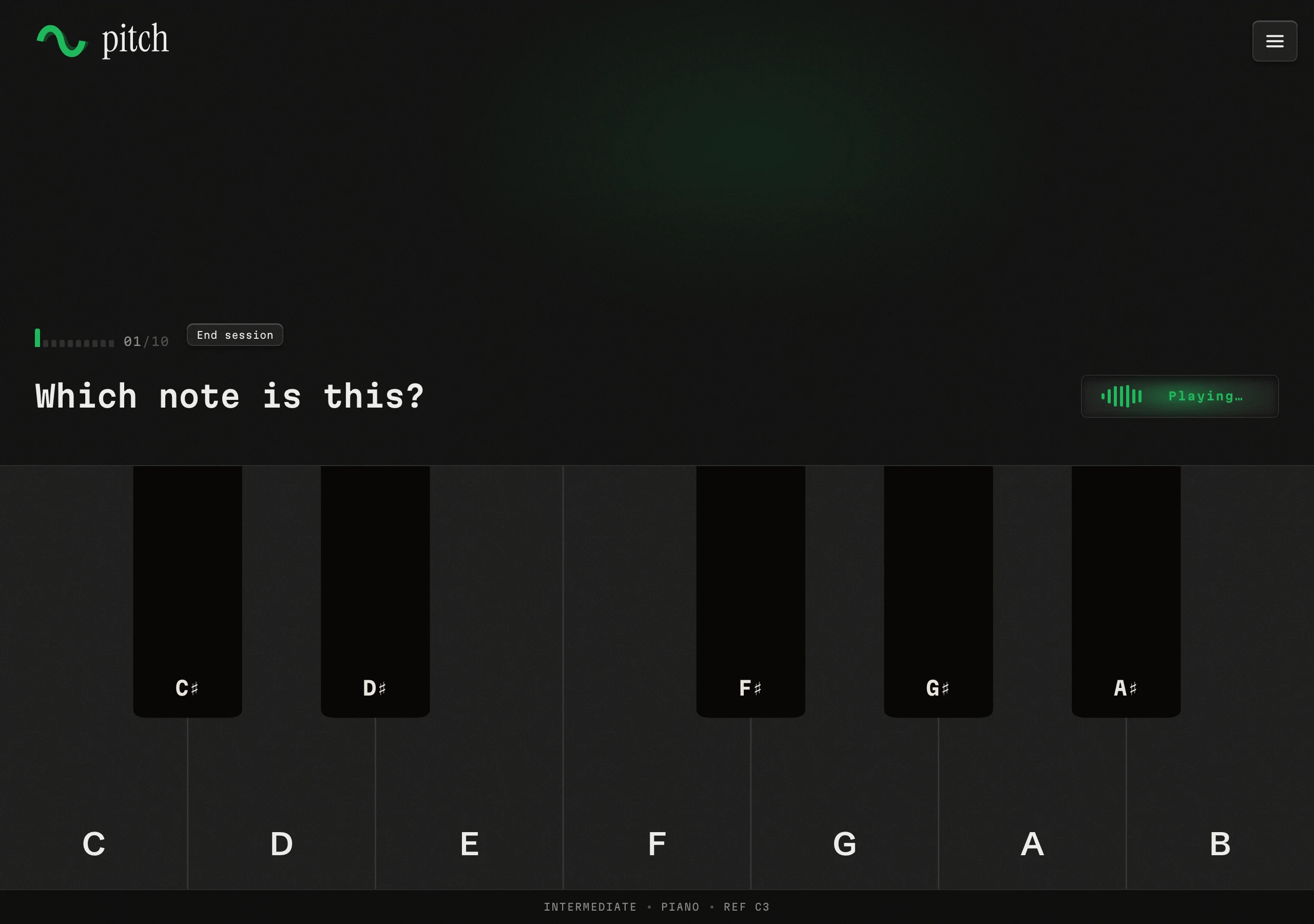 pitch mid-game — round 1 of 10, "Which note is this?" above the answer piano keyboard